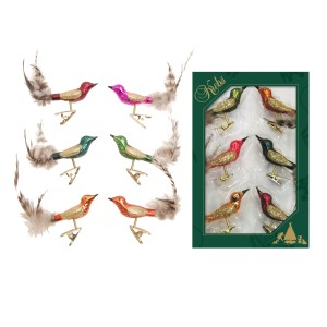 Krebs Glas Lauscha Minivögel, 6-teiliges Set bunter Weihnachtsornamente mit Federn und Clip.