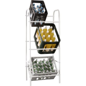 Stahl-Flaschenkastenständer mit drei Flaschenkästen unterschiedlicher Getränke.