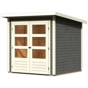 Karibu Holz-Gartenhaus Sitten, terragrau, mit Pultdach und Doppeltür.