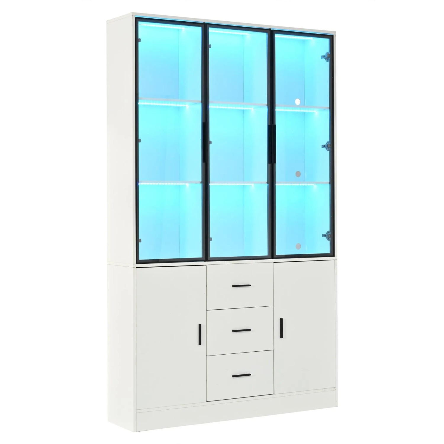 Merax Vitrine mit LED Glastüren 3 Schubladen Bücherregal Weiß 120x30x200 cm