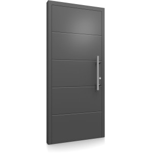 Moderne Aluminium Haustür Moderno M470/B in Anthrazit mit Edelstahlgriff, Anschlag rechts.