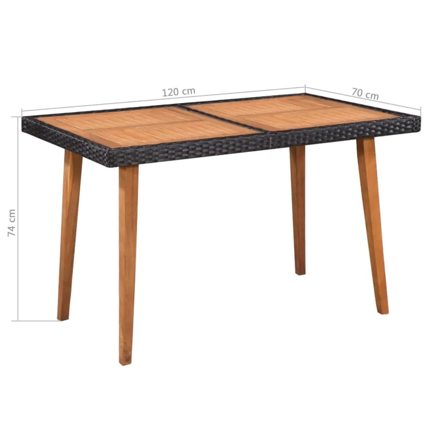 vidaXL Garten-Essgruppe, 5-teilig, Poly Rattan schwarz/braun. Gartentisch mit 4 Stühlen, Akazienholz-Beine.