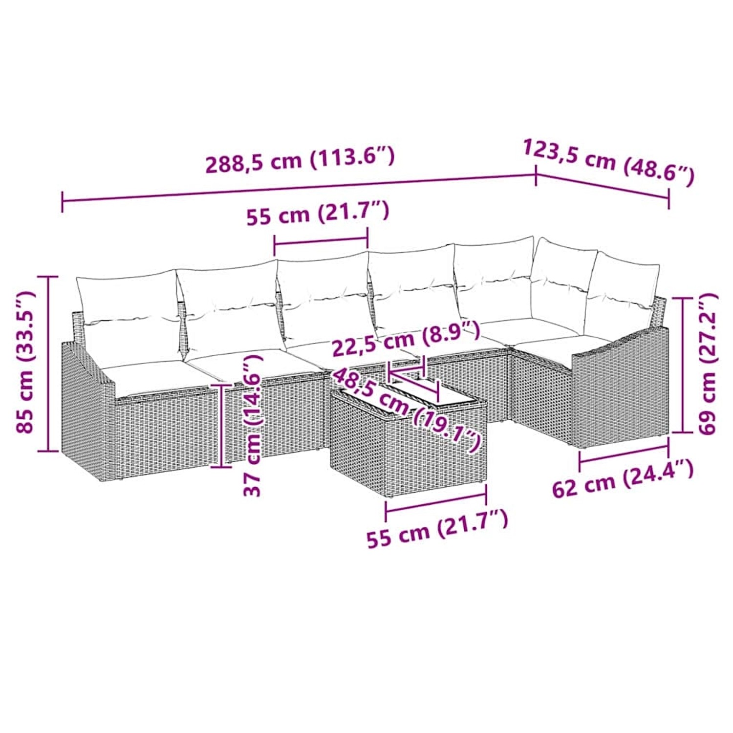 Schwarzes 7-teiliges Garten-Sofa-Set aus Polyrattan mit Maßen.