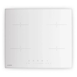 Weißes Klarstein Velaire Induktionskochfeld mit 4 Kochzonen und Touch-Steuerung. Modernes Elektrogerät für die Küche.