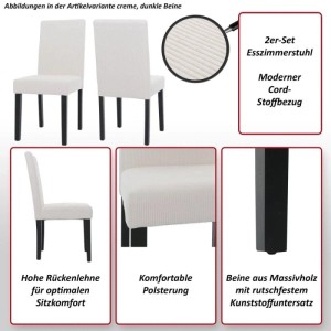 Cremefarbene Esszimmerstühle im 2er-Set mit Cord-Stoffbezug, hoher Rückenlehne und dunklen Massivholzbeinen.