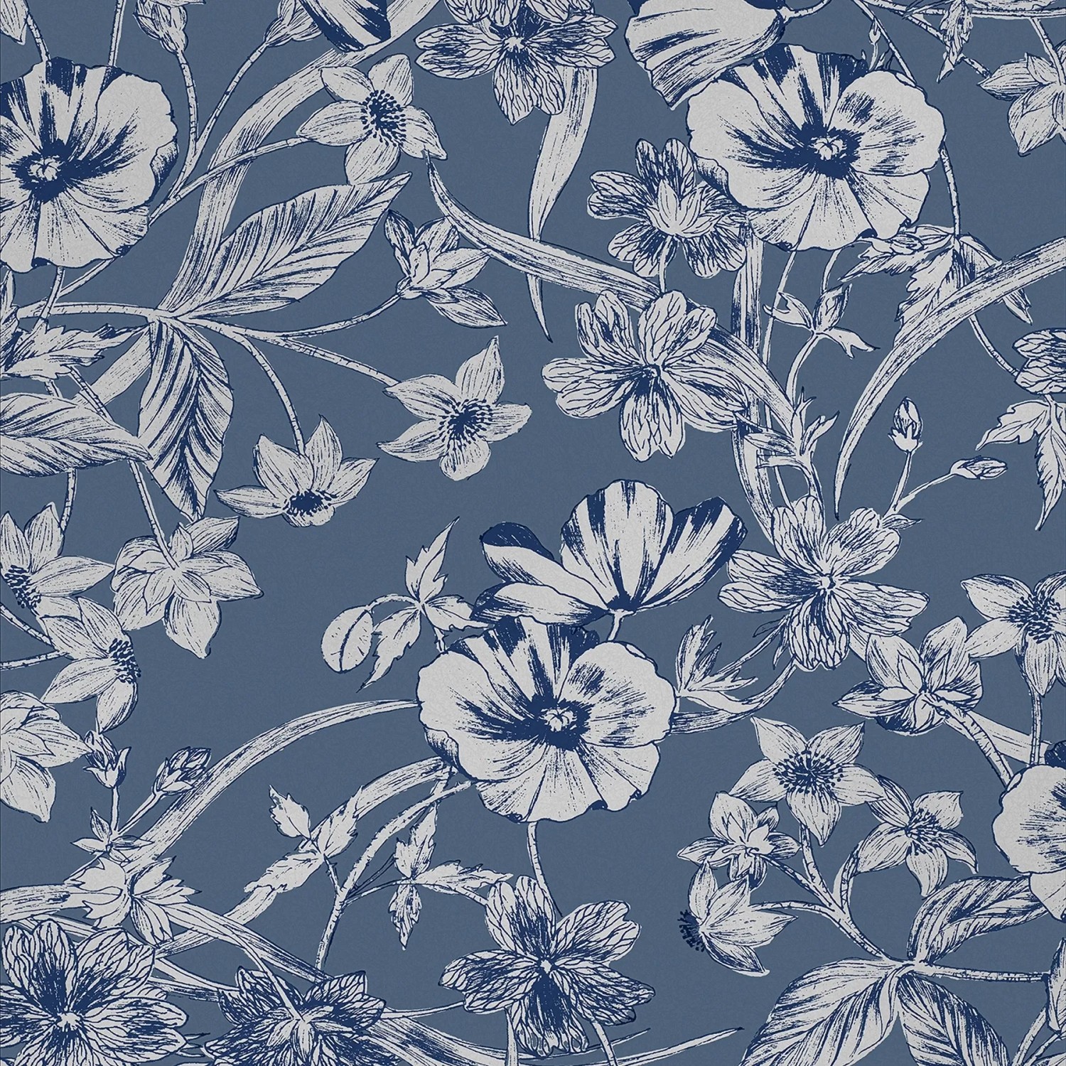 Laura Ashley Vliestapete Summerhill Midnight Blue mit floralem Muster.