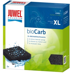 Juwel BioCarb XL: Verpackung mit 2 Aktivkohleschwämmen für kristallklares Aquariumwasser.