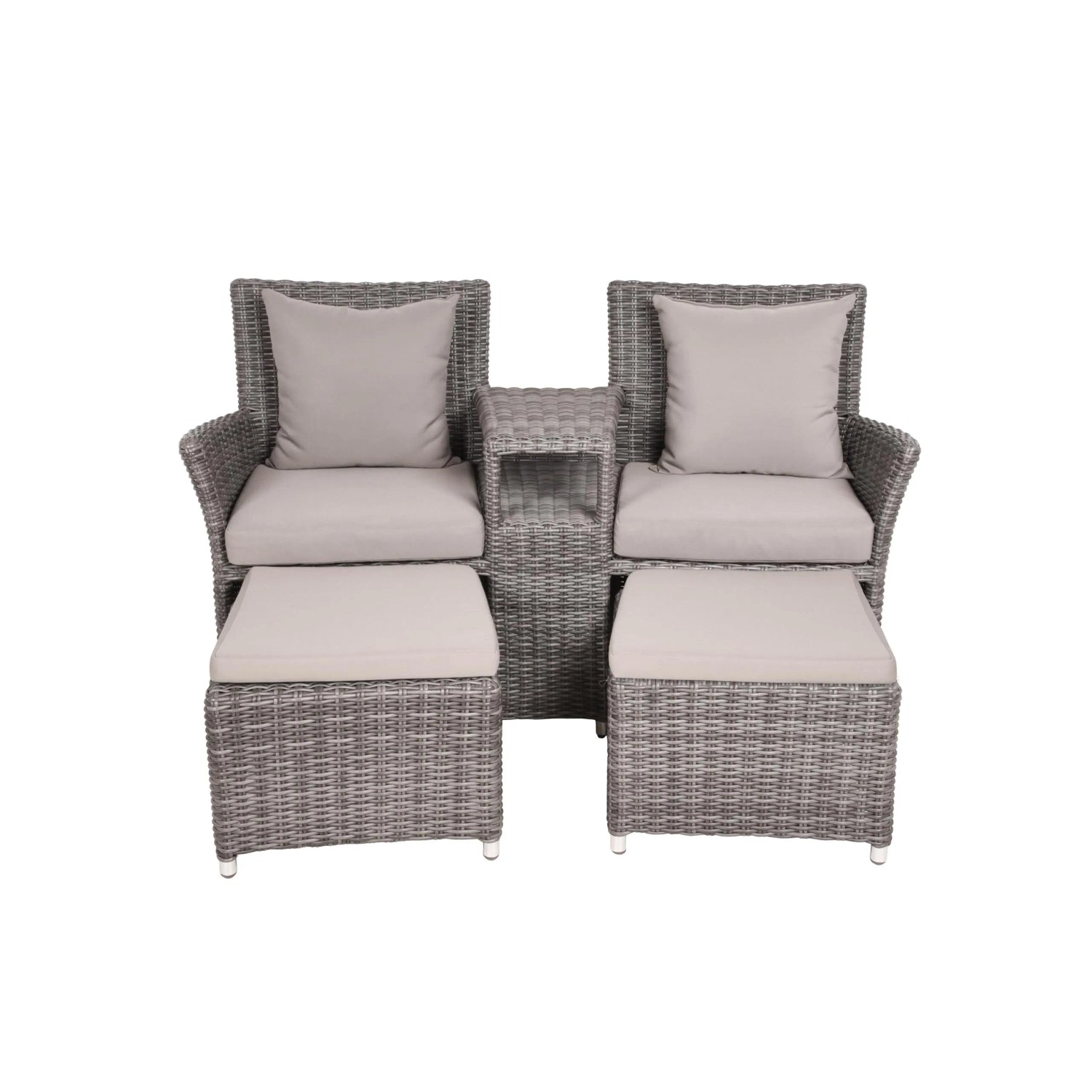 DELUKE Gartenstuhl Set: 2 graue Relaxsessel mit Hocker und hellgrauen Polstern. Wetterfest und ideal für Outdoor.