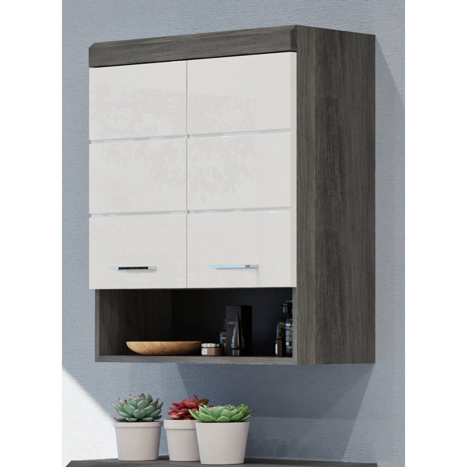 Inn.Furn Hängeschrank Weiß Hochglanz Grau 74 cm 2-türig Shawn günstig online kaufen