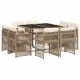 9-teilige Garten Essgruppe aus Rattan mit Kissen in Beige. Ideal für den Garten oder die Terrasse.