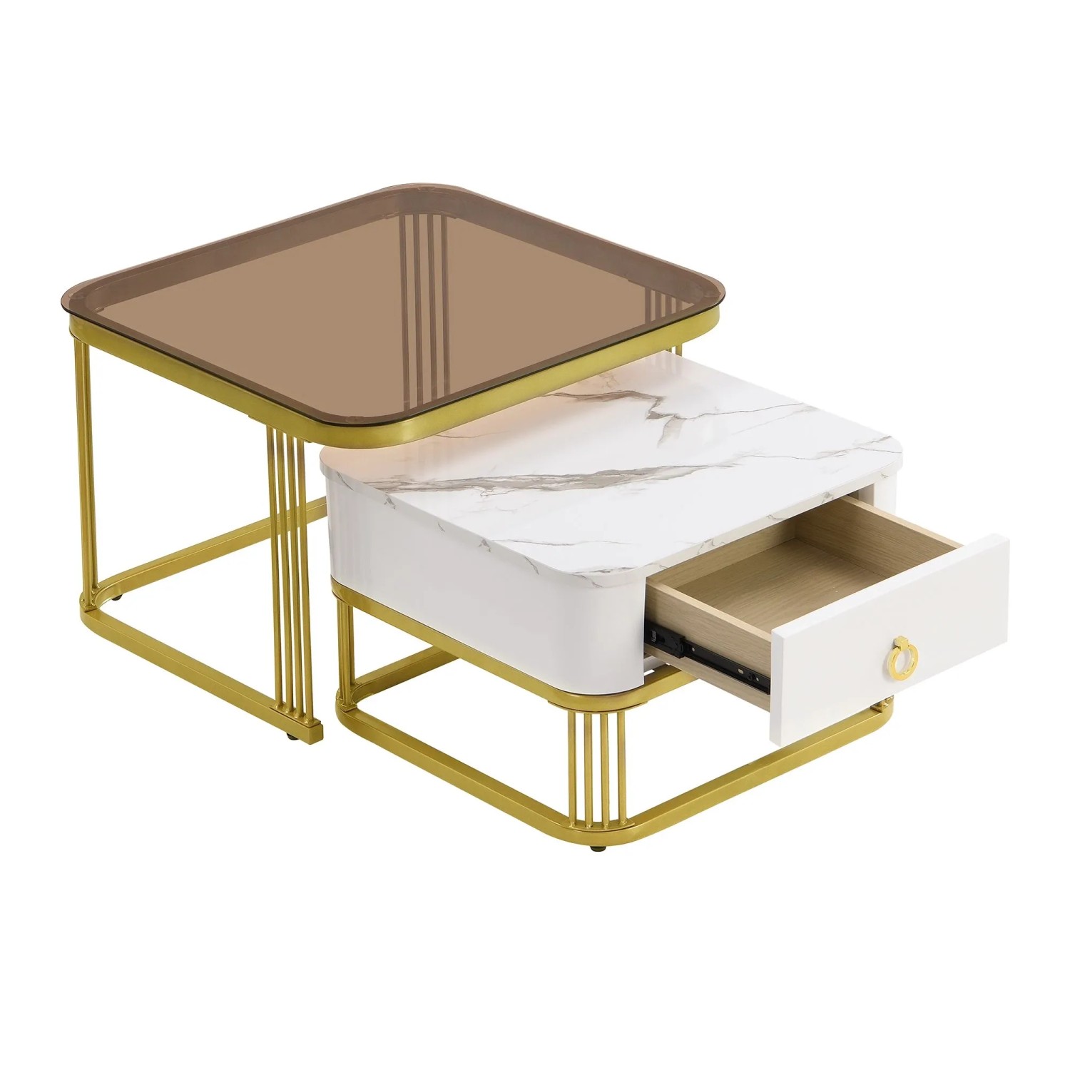 okwish Stapelbarer Couchtisch Beistelltisch mit Schubladen/Glasplatte Gold