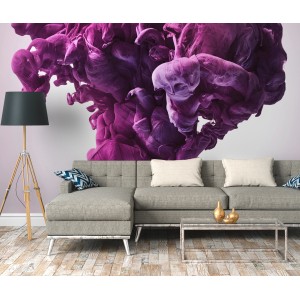 Fototapete mit abstraktem Rauch in Lila und Weiß (3,50 m x 2,55 m).