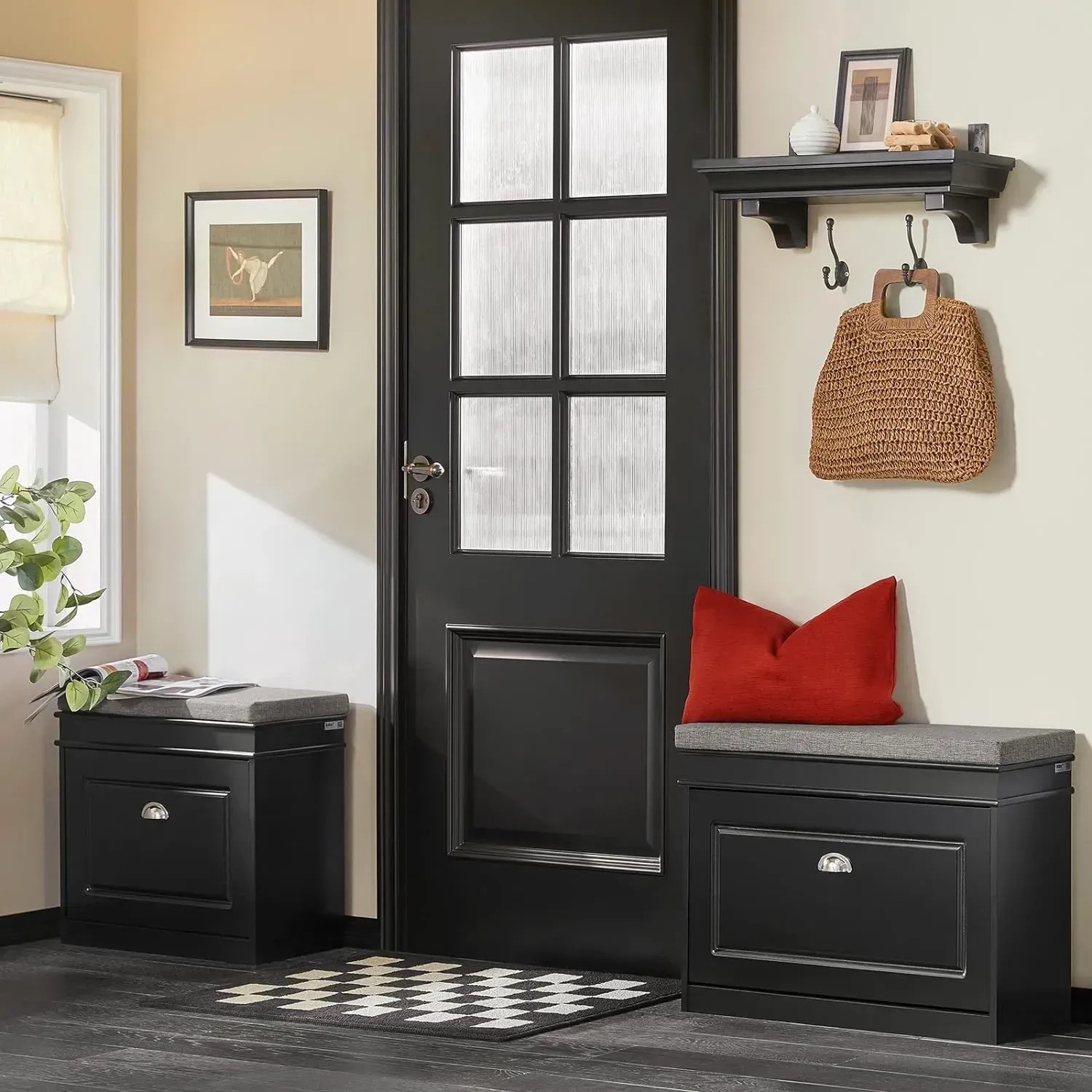 SoBuy Schuhkipper FSR82-L-SCH mit Sitzkissen, schwarz, im Flur.
