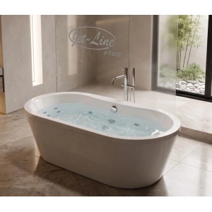 Weißer freistehender Indoor Whirlpool Ossanta mit sprudelnden Massagedüsen in modernem Badezimmer. Spa-Erlebnis.