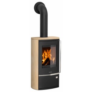 Justus Küchenofen Sandstein Schwarz 6 kW mit Automatik und sichtbarem Feuer.