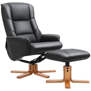 HOMCOM Relaxsessel schwarz aus Kunstleder mit Holzgestell und Hocker. Liege- und Wippfunktion für Wohnzimmer.