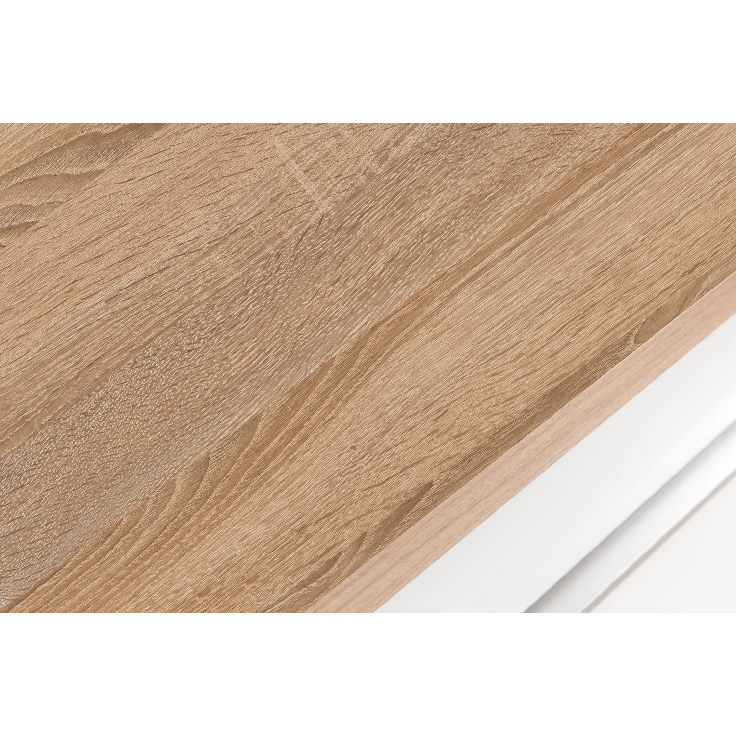 Detailaufnahme: Küchenunterschrank Mailand, 50 cm, Eiche Arbeitsplatte, weiße Front.