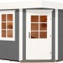 Graues Holz-Gartenhaus mit Flachdach, lasiert, 278x278 cm. Modernes Design mit Fenster und Tür.