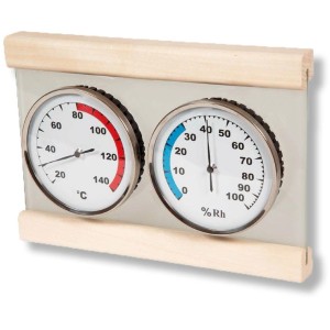 Karibu Klimamessstation Premium für Sauna: Thermometer und Hygrometer mit Holzrahmen.
