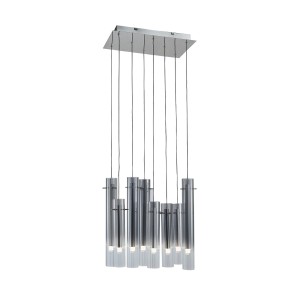 Moderne, dimmbare 8-flammige LED-Pendelleuchte Korvitha in Alu/Glas für Wohnzimmer.