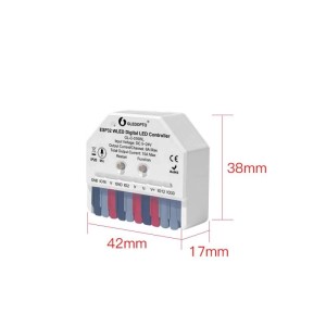 GLEDOPTO Unterputzaktor ESP32 WLED 3-Kanal RGB LED Controller, weiß, mit Anschlüssen. Maße: 38x42x17mm.
