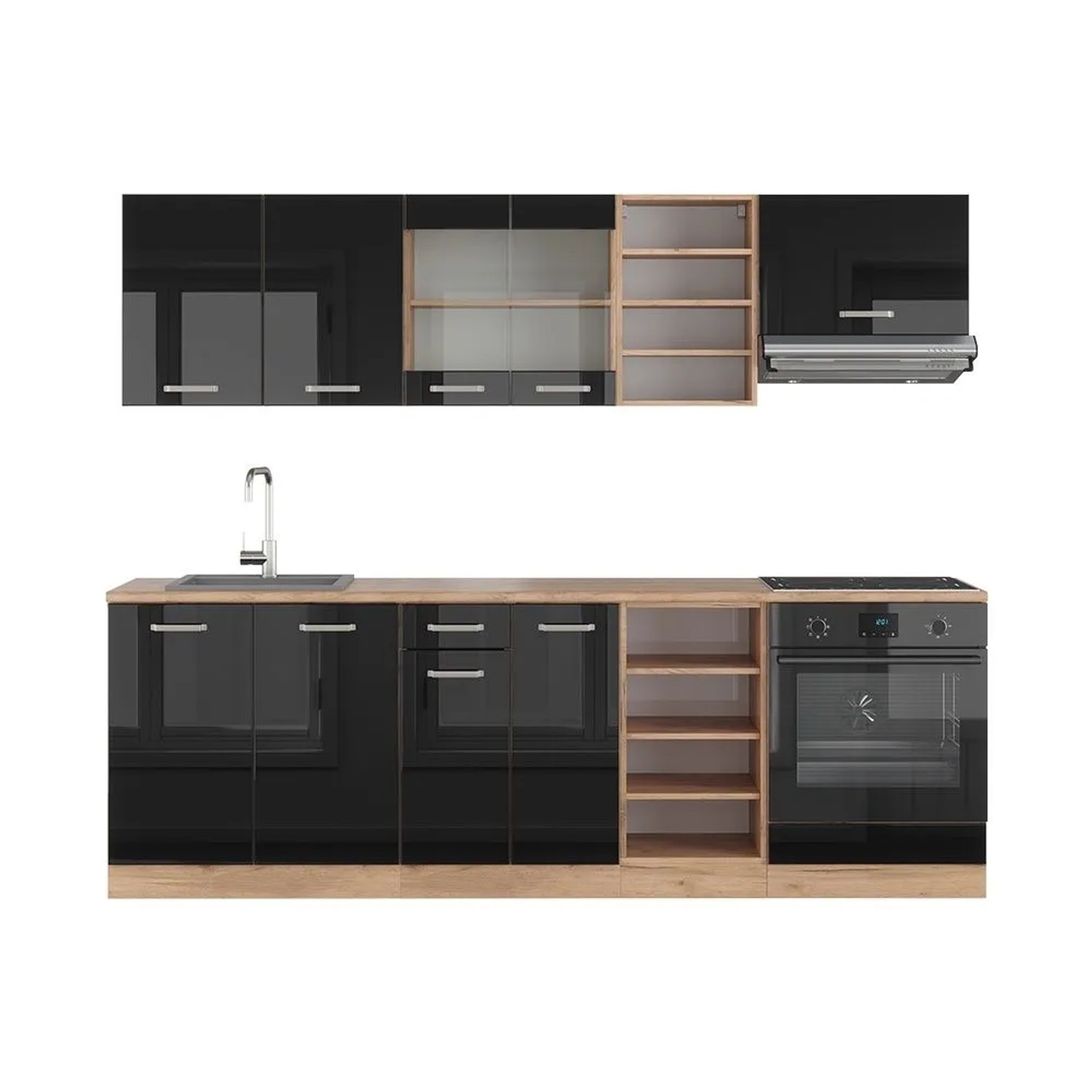 Vicco R-Line Küchenzeile Schwarz Hochglanz Goldkraft Eiche 240 cm AP Eiche ohne E-Geräte