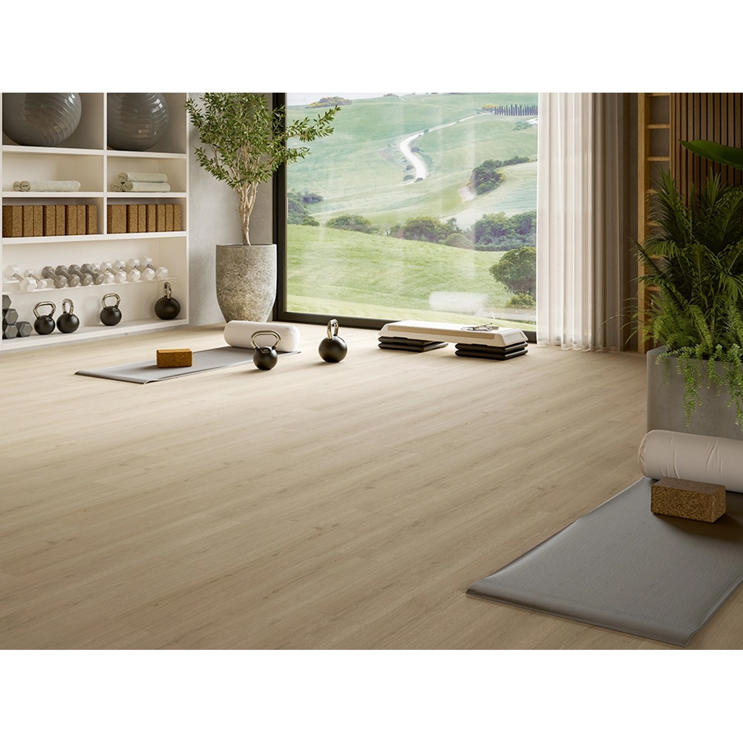 Heller Vinylboden Parador Basic 5.3 Eiche Regent Beige im modernen Fitnessraum.