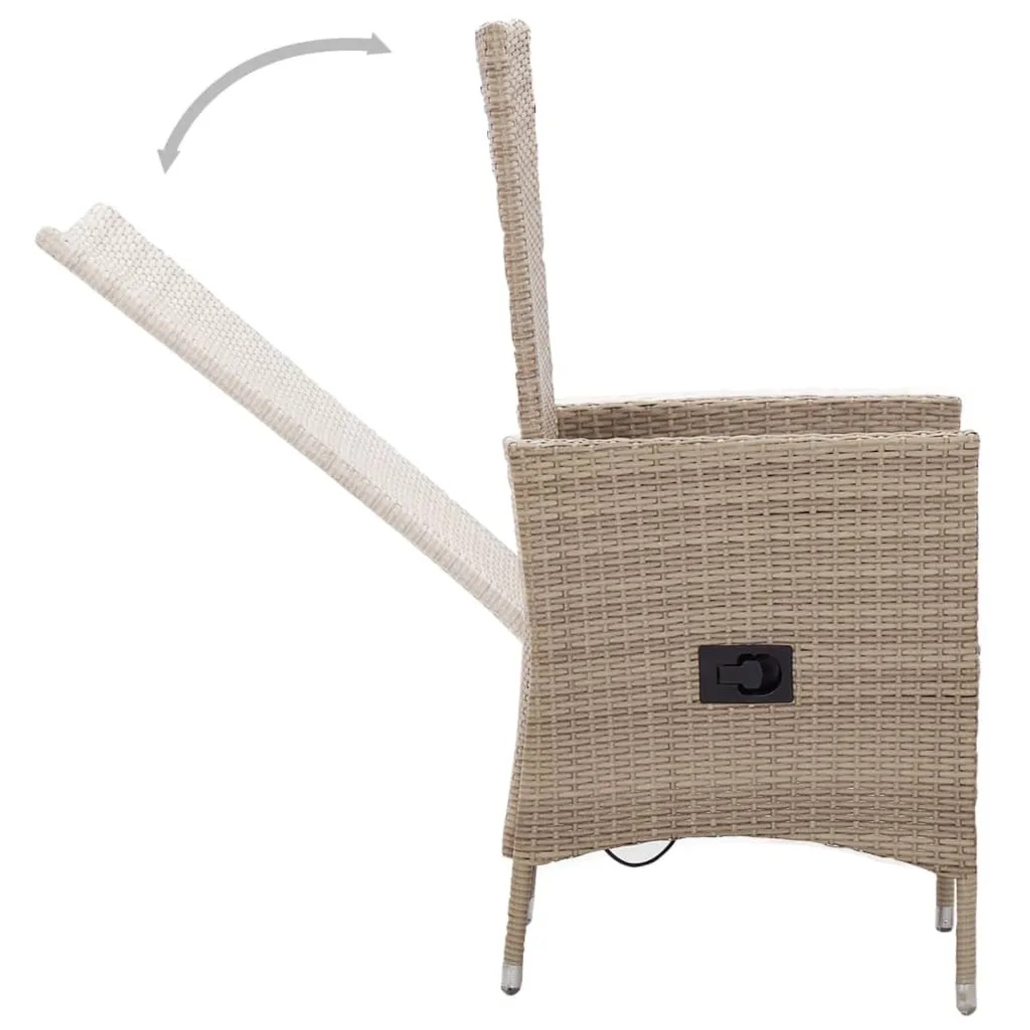 Verstellbarer, beiger Gartenstuhl aus Rattan der vidaXL 3-tlg Garten-Essgruppe.