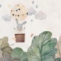 Niedliche Fototapete mit Hasen im Ballon über Wald, beige/grün/braun. Kinderzimmer Deko.