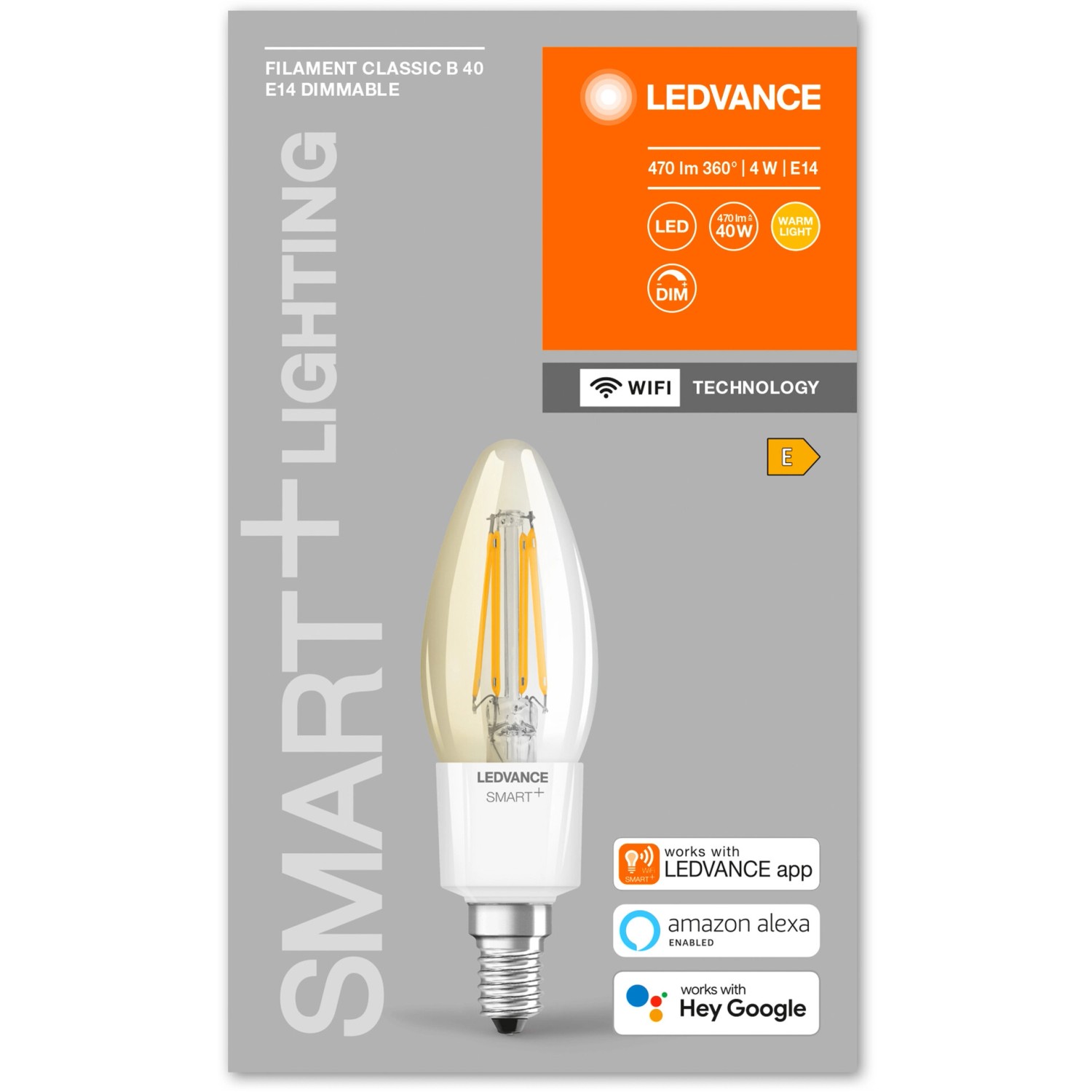 Ledvance Smart+ Filament LED-Lampe, E14, 4W, Kerzenform, warmweiß, dimmbar, WiFi-fähig.