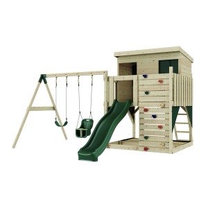 PolarPlay Spielturm Nils mit Babyschaukel und Rutsche, aus Holz.
