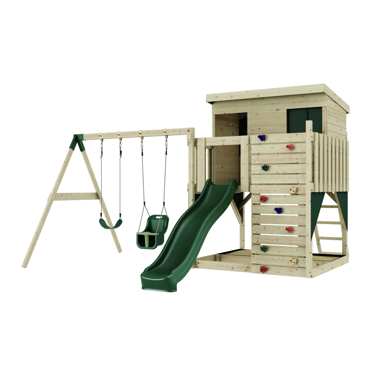 PolarPlay Spielturm Nils, mit Babyschaukel, Dunkelgrün