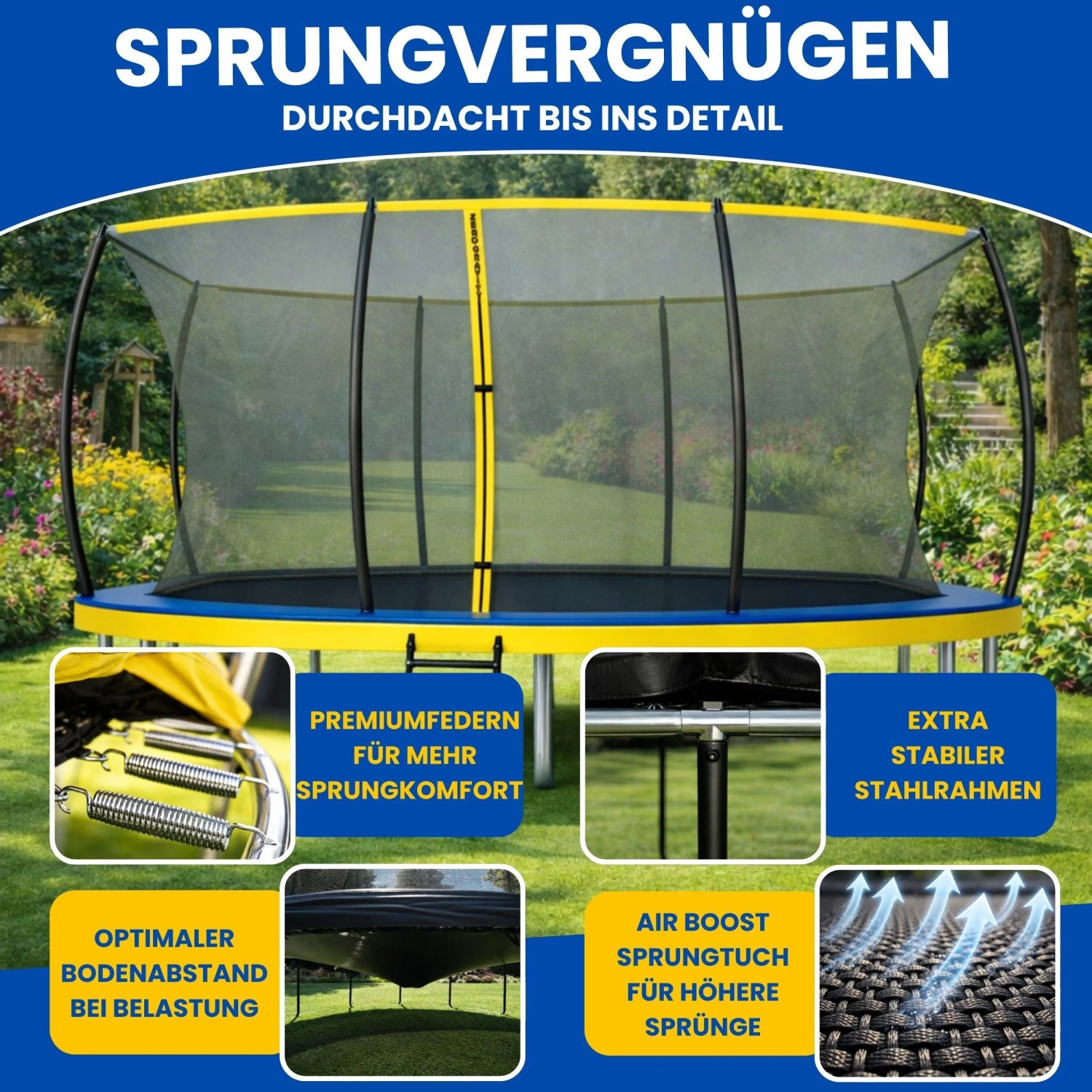 Zero Gravity Outdoor Trampolin 457x305cm TÜV GS Smartes Klappnetz mit Leiter und Bodenanker_5