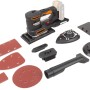 Worx Akku-Multifunktionsschleifer WX820.9 Solo mit Zubehör, Schleifpapier und Staubabsaugung.