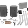 Set für elektrischen Drehtorantrieb Bunker B500: 2 graue Motoren, Steuerbox, Blinkleuchte, Fotozellen, Fernbedienungen, Zubehör.