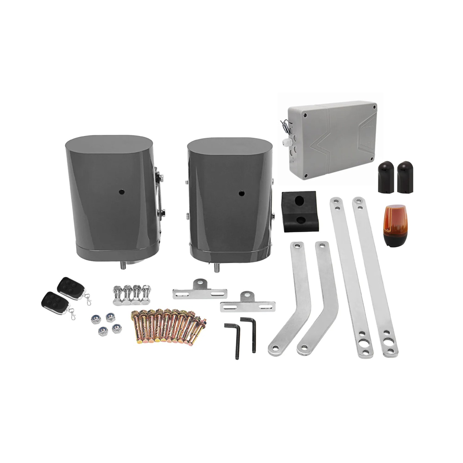 Set für elektrischen Drehtorantrieb Bunker B500: 2 graue Motoren, Steuerbox, Blinkleuchte, Fotozellen, Fernbedienungen, Zubehör.