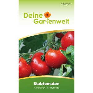Samenpackung 'Deine Gartenwelt Stabtomaten Harzfeuer F1' mit roten Tomaten.