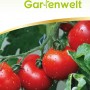 Samenpackung 'Deine Gartenwelt Stabtomaten Harzfeuer F1' mit roten Tomaten.