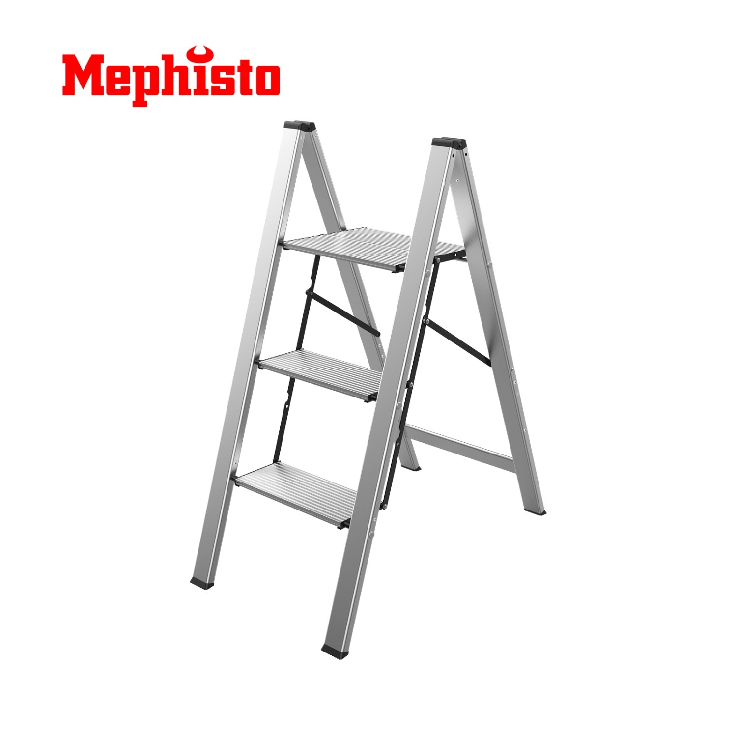 Mephisto Aluminium Klappleiter mit 3 Stufen, max. 150 kg Tragkraft. Haushaltsleiter für Innenräume.