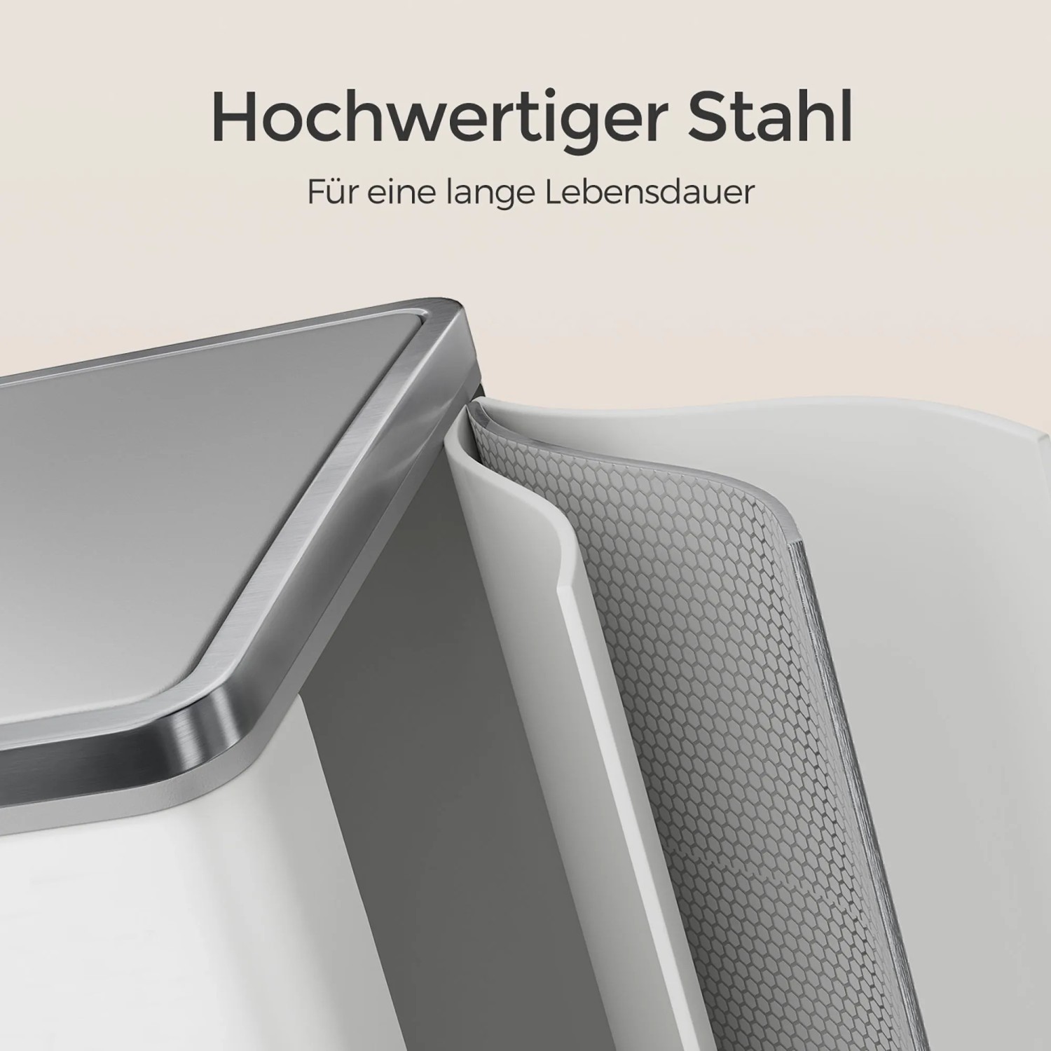 Detailaufnahme: Weiß-grauer Songmics Mülleimer Pary mit zwei Fächern und Inneneimer.