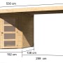 Karibu Holz-Gartenhaus Linköbing mit Pultdach, unbehandelt, mit Maßangaben.