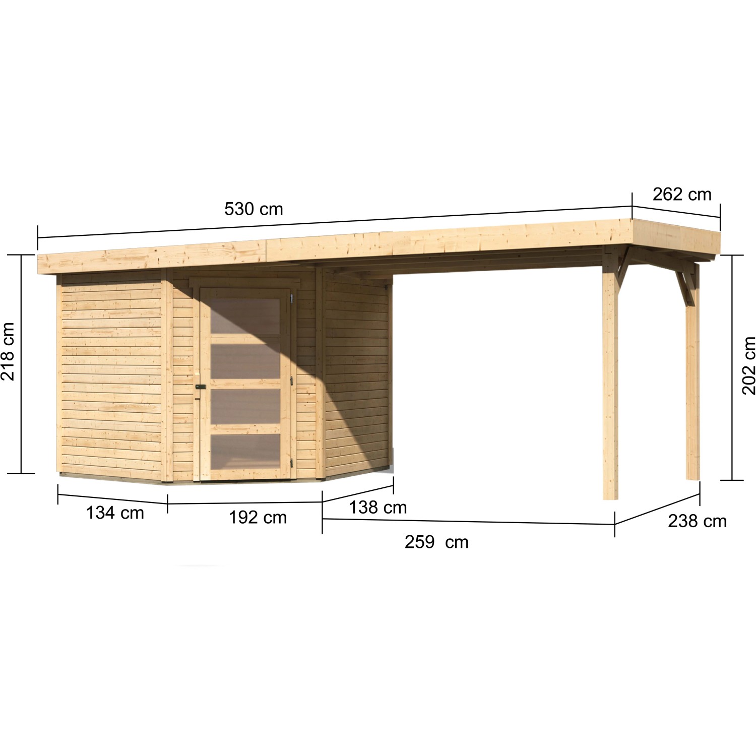 Karibu Holz-Gartenhaus Linköbing mit Pultdach, unbehandelt, mit Maßangaben.