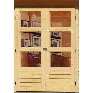 Karibu Holz-Gartenhaus Sitten 4: Doppeltür mit 6 Fenstern für Tageslicht im Gartenhaus.