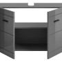 Grauer Waschbeckenunterschrank (80x56x34 cm) mit offenen Türen und Regalfach.
