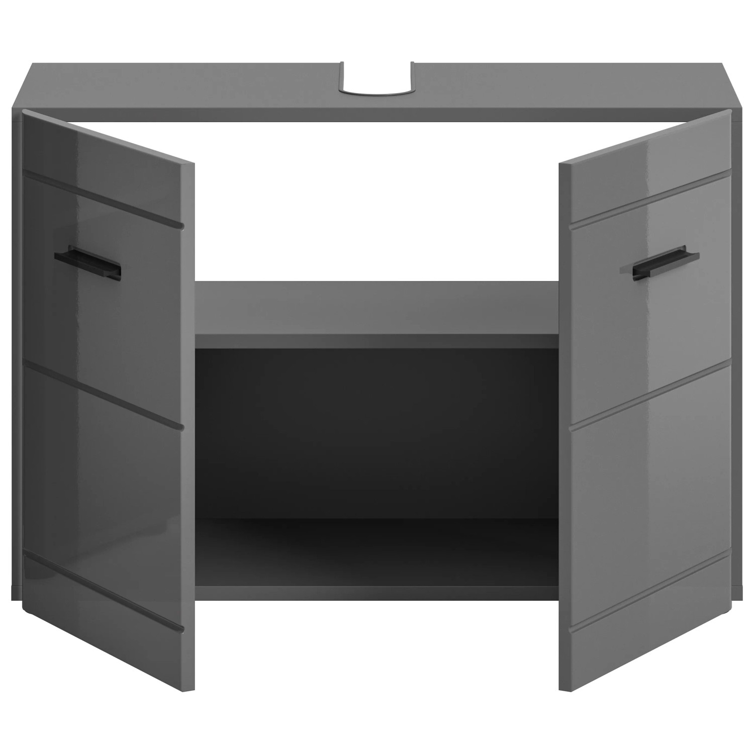 Grauer Waschbeckenunterschrank (80x56x34 cm) mit offenen Türen und Regalfach.