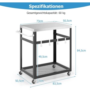 Costway Grillwagen Outdoor Grilltisch, schwarz-silber, mit Edelstahlplatte, 2 Ablagen, 4 Rollen und Haken. Inkl. Maße.