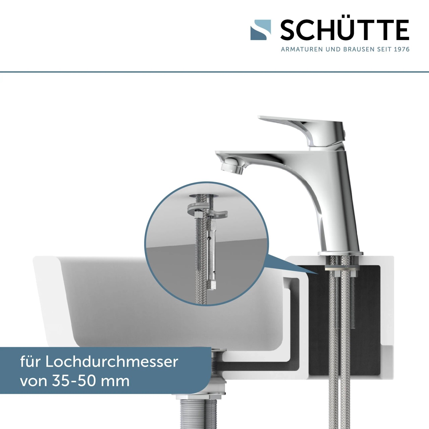 Schütt Waschtischarmatur Boston Chrom, Montage unter Waschbecken, Lochdurchmesser 35-50mm.