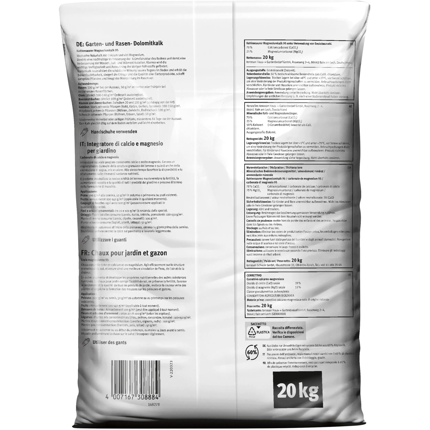 Garten- und Rasenkalk Dolomitkalk 20 kg Sack für gesunden Rasen und Gartenboden.