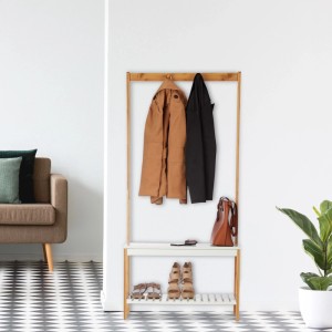 Relaxdays Garderobenständer mit Schuhregal Bambus Weiß 150 cm x 70,5 cm x 30 cm