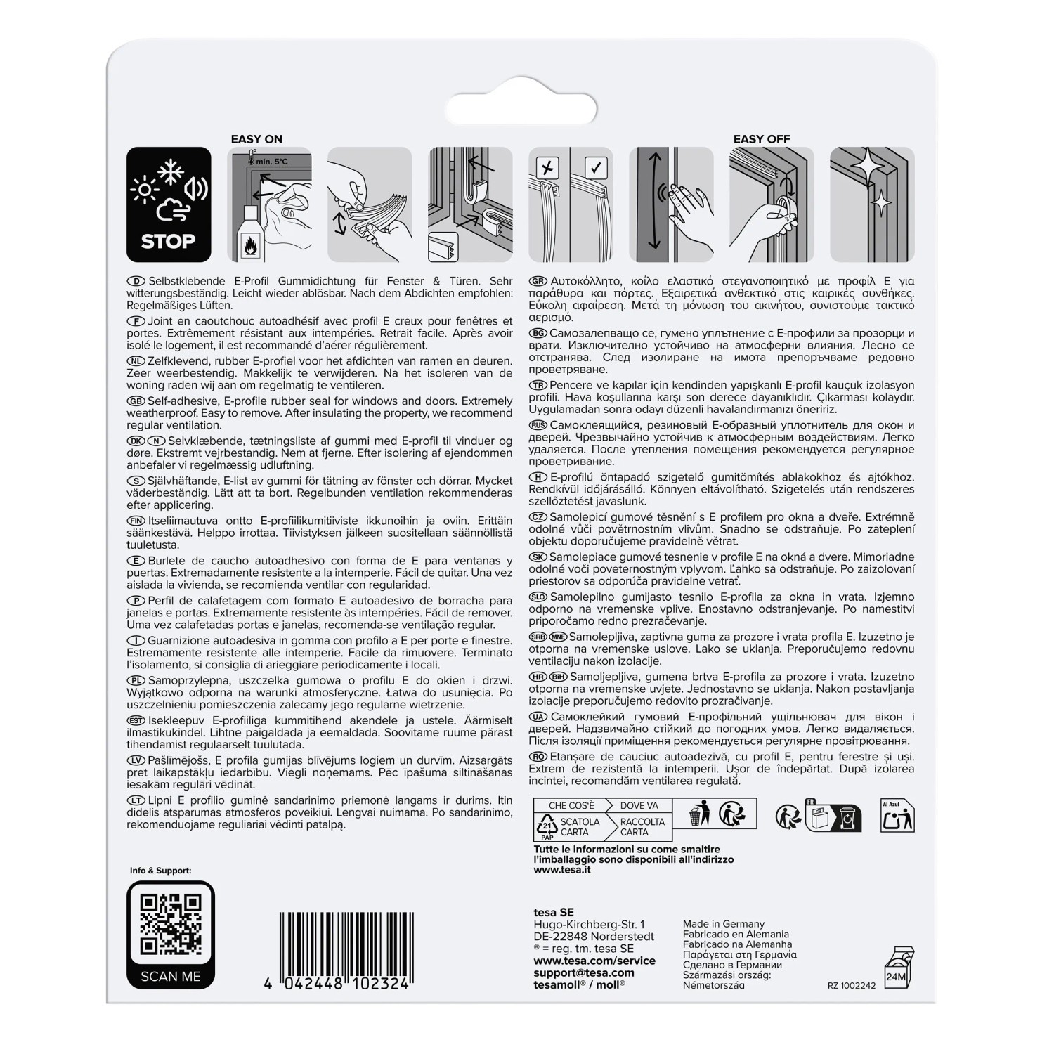 tesa® Insulation Dichtungsband E-Profil, weiß, 10m Rolle für Fenster- und Türdichtungen.